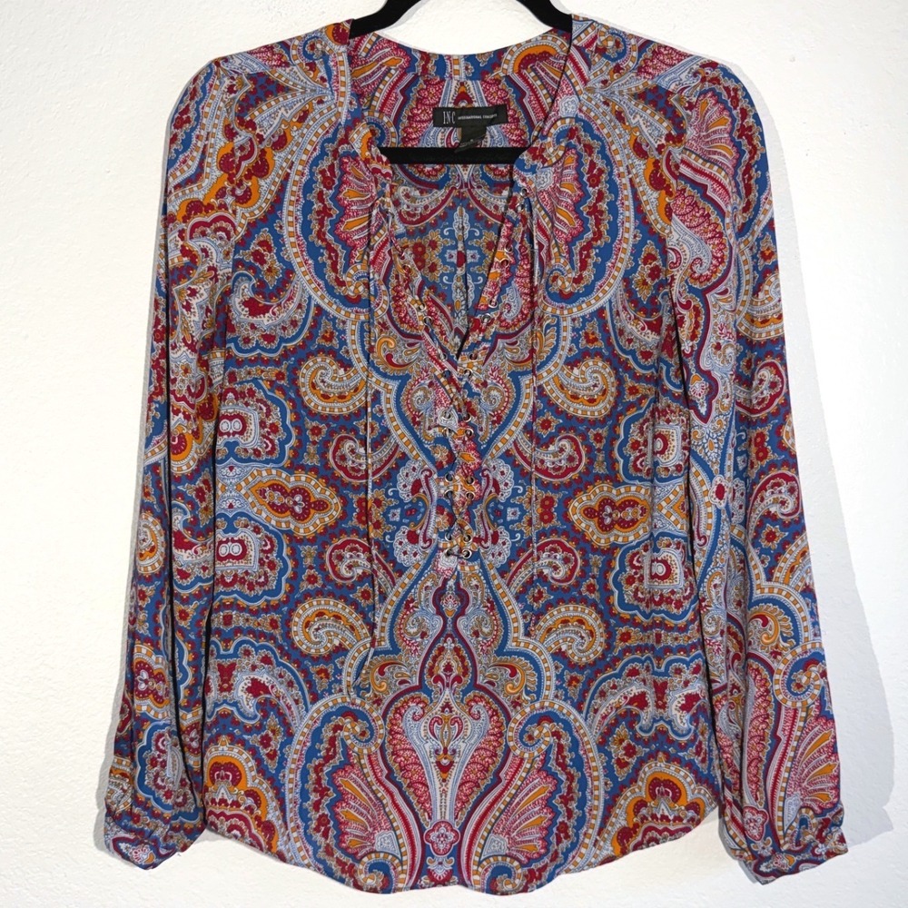 INC International Concepts‎ Blue Paisley Lace Up Long Sleeve Blouse Size 6